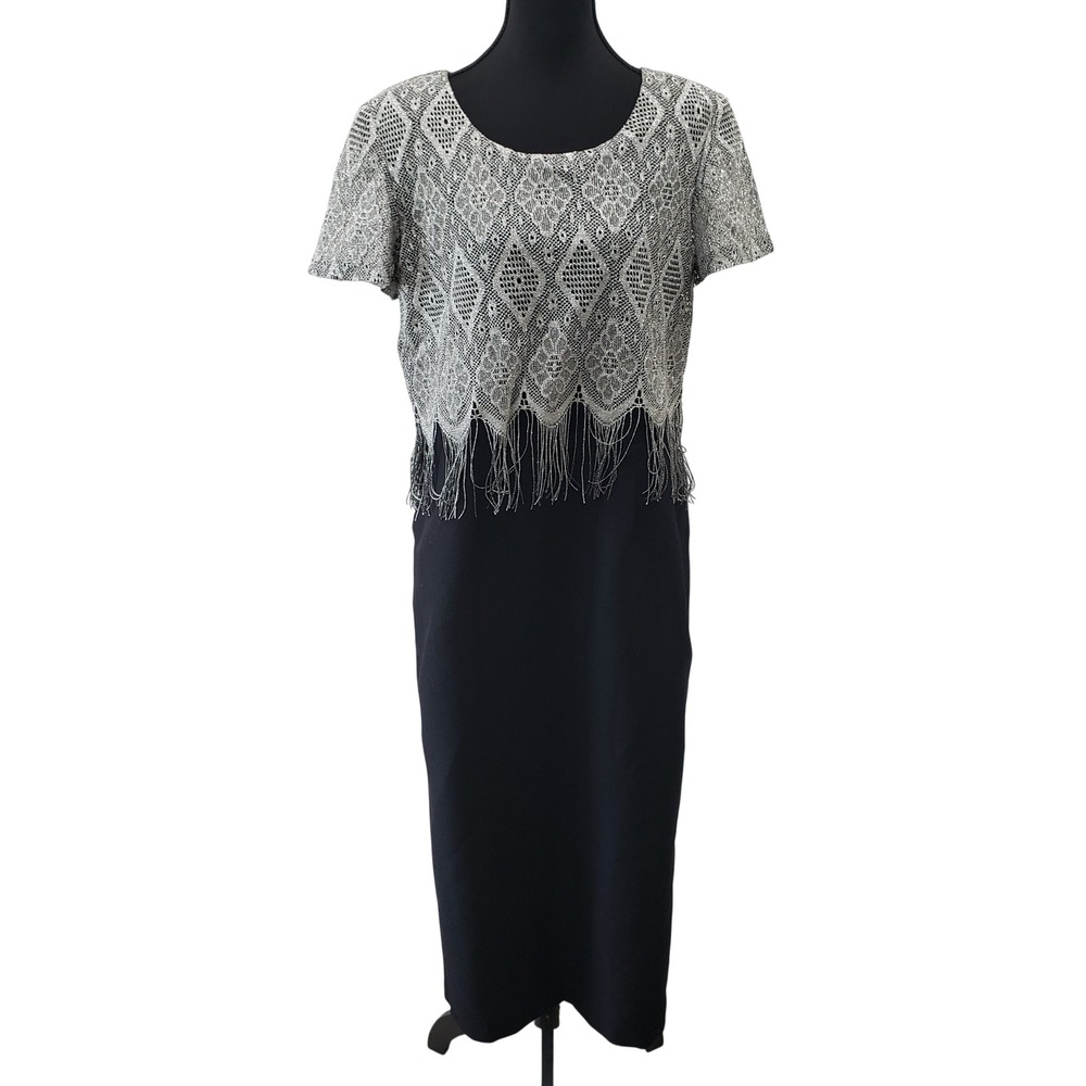 Melissa Harper MHM Lace Fringe Dress Womens L‎ Black Silver Metallic Vintage